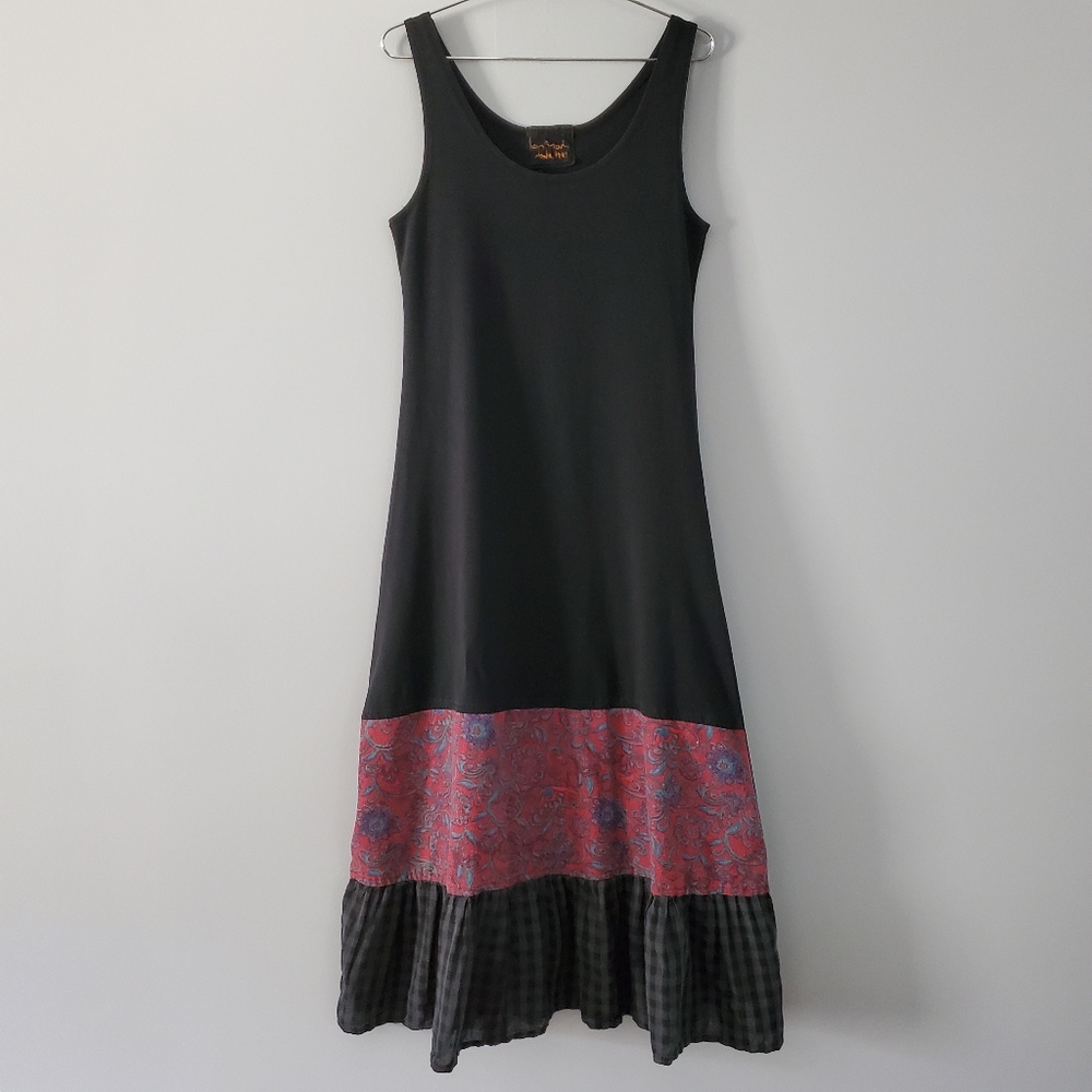 Ian Mosh Black Sleeveless Plaid Floral Layered Hem Cotton Midi Dress Size 2